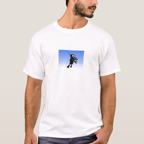Black Flying Robot Blue Sky Background T_Shirt