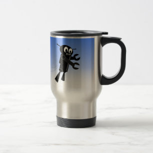 Black Flying Robot Blue Sky Background Travel Mug