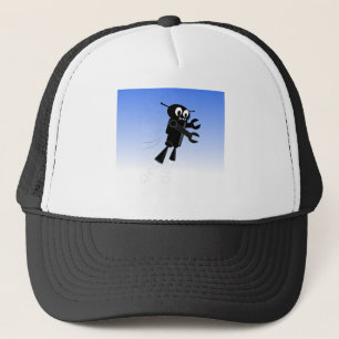 Black Flying Robot Blue Sky Background Trucker Hat