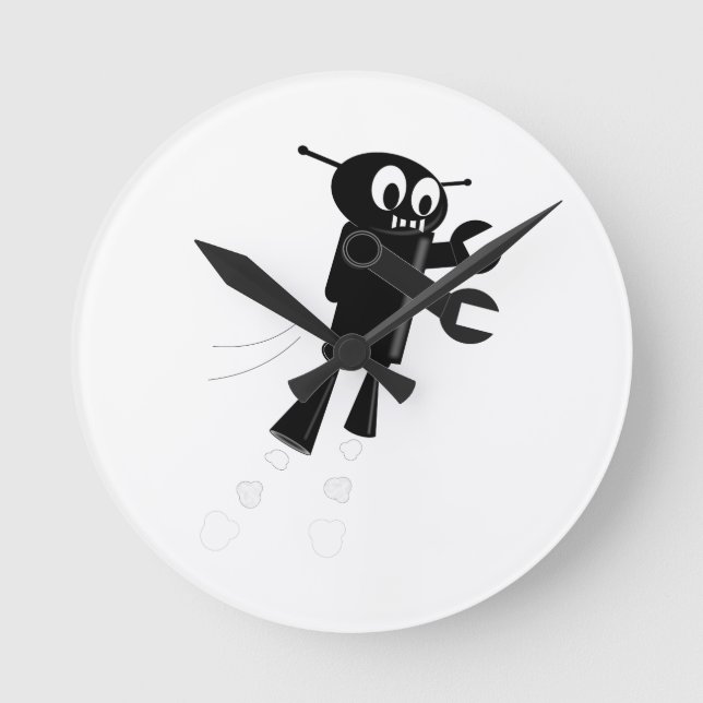 Black Flying Robot Round Clock (Front)