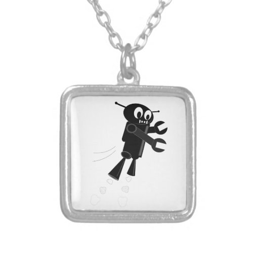 Black Flying Robot Silver Plated Necklace