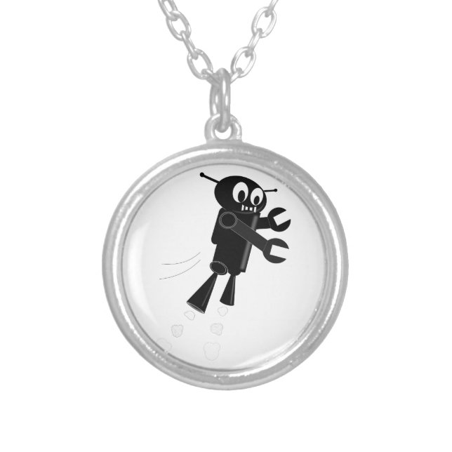 Black Flying Robot Silver Plated Necklace (Front)