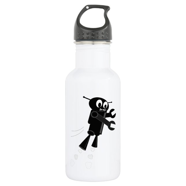 Black Flying Robot Water Bottle (Front)