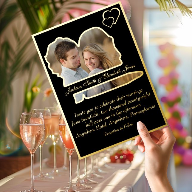 Black Foil Bride and Groom Shape Photo Wedding  Invitation (Creator Uploaded)