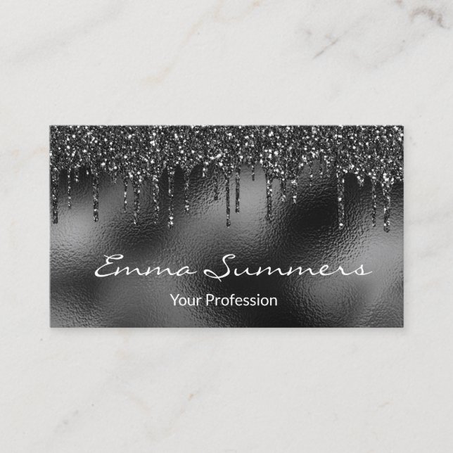 Black Foil Glitter Drips Metal Customize Elegant Business Card (Front)