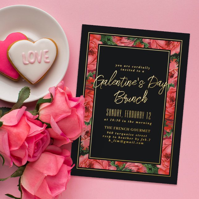 Black Foil Rose Frame Galentine's Day Invitation Foil Invitation (Creator Uploaded)