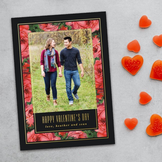 Black Foil Rose Frame Valentine's Day Photo Card (Creator Uploaded)