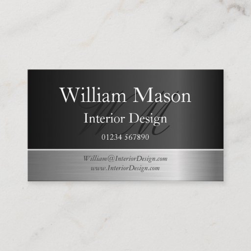 Customizable Black Foil &amp; Brushed Steel Monogram Business Card