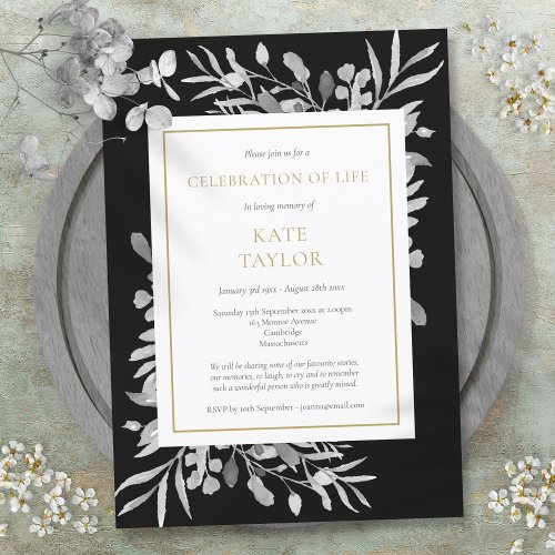 Black Foliage Gold Celebration of Life Funeral Invitation