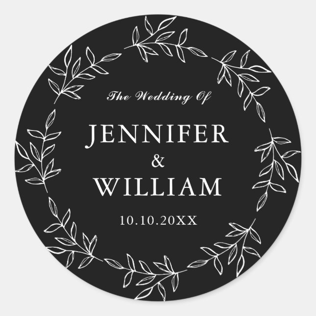 Black Foliage Whimsical Wedding Engagement Classic Round Sticker (Front)