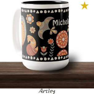 Black Folk Art Animals Wildlife Custom Name Two-Tone Coffee Mug