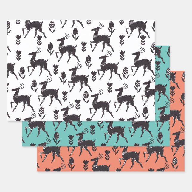 Black Folk Art Deer Trio III Wrapping Paper Sheets (Set)