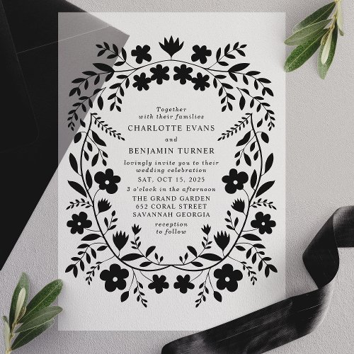 Black Folk Art Floral Frame Wedding Vellum Invitations