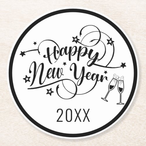 Black Font New Years Round Paper Coaster