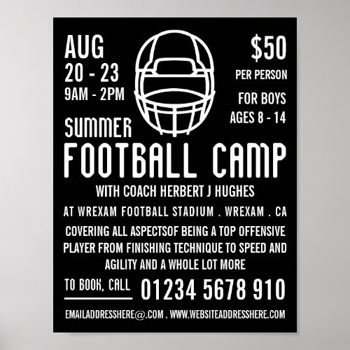 Black Football Helmet Football Camp Advertising Poster