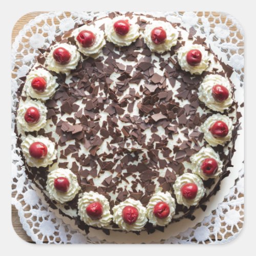 Black Forest cake on rustic wood Square Sticker