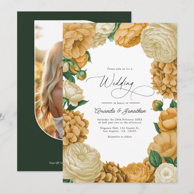 Black Forest Green, Ecru/Warm Honey Floral Wedding Invitation (Front/Back)