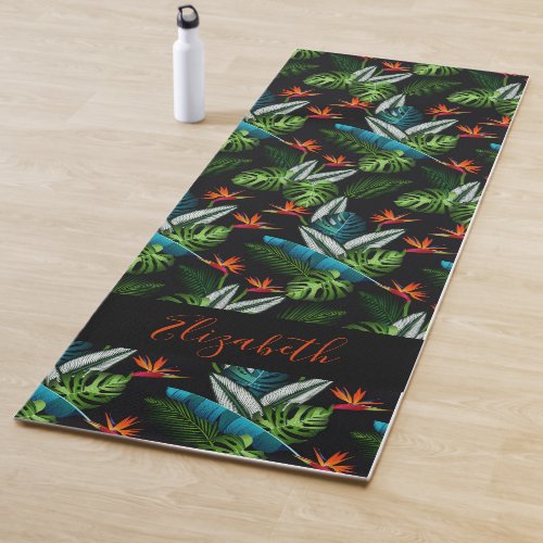 Black forest jungle green foliage leaves floral yoga mat