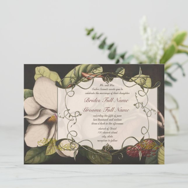 Black Forest Romantic Magnolia Wedding Invitations (Standing Front)