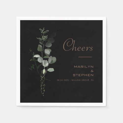 Black Formal Minimal Eucalyptus Cheers Wedding   Napkins