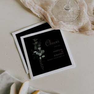 Black Formal Minimal Eucalyptus Cheers Wedding Napkins
