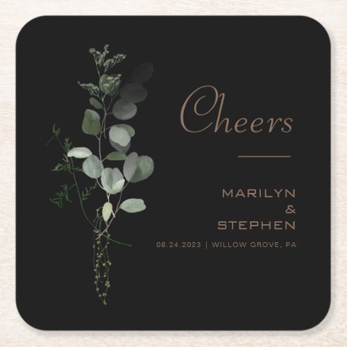 Black Formal Minimal Eucalyptus Cheers Wedding  Square Paper Coaster