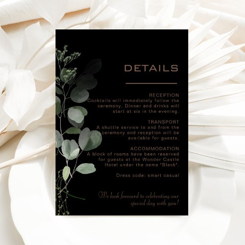 Black Formal Minimal Eucalyptus Wedding Details   Enclosure Card