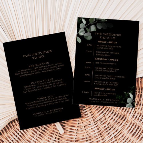 Black Formal Minimal Eucalyptus Wedding Itinerary  Invitation