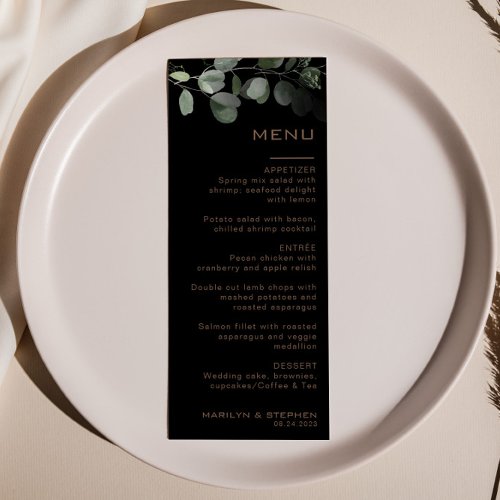 Black Formal Minimal Eucalyptus Wedding Menu Card