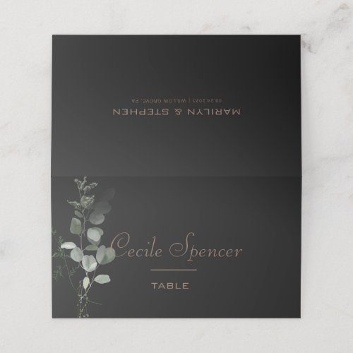 Black Formal Minimal Eucalyptus Wedding  Place Card