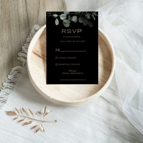 Black Formal Minimal Eucalyptus Wedding RSVP Card