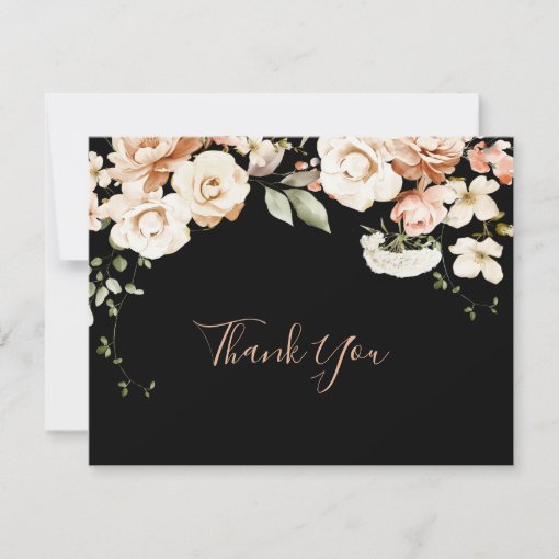 Black Formal Royal Floral Flat Wedding Thank You Card | Zazzle