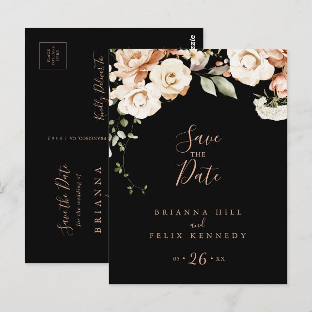 Black Formal Royal Floral Save the Date Postcard (Front/Back)