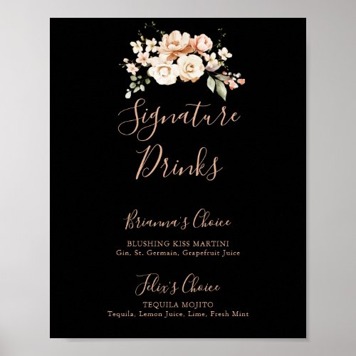 Black Formal Royal Floral Signature Drinks Sign