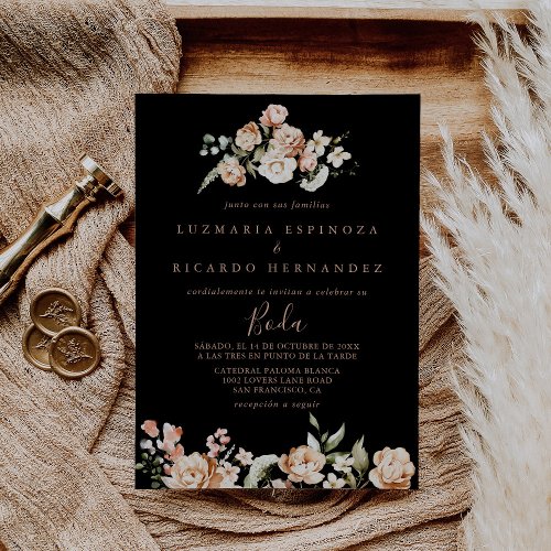 Black Formal Royal Floral Spanish Boda Wedding Invitation