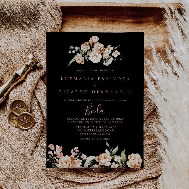 Black Formal Royal Floral Spanish Boda Wedding Invitation (Creator Uploaded)