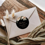 Black Formal Royal Floral Thank You Wedding Favor Classic Round Sticker<br><div class="desc">This black formal royal floral thank you wedding favor classic round sticker is perfect for a modern wedding. The design features watercolor pink, blush, and white elegant flowers with emerald green leaves. Make the sticker labels your own by including your names, the event (if applicable), and the date. These stickers...</div>