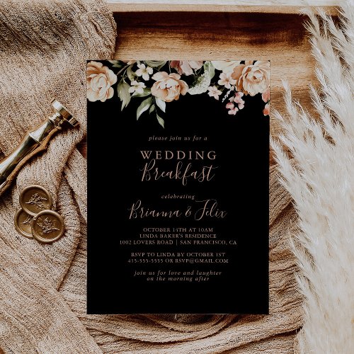 Black Formal Royal Floral Wedding Breakfast Invitation