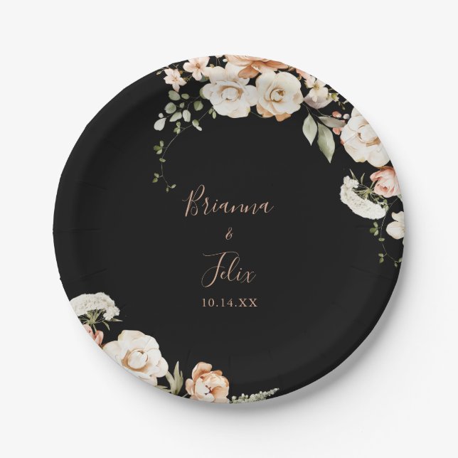 Black Formal Royal Floral Wedding Cake Paper Plates (Front)