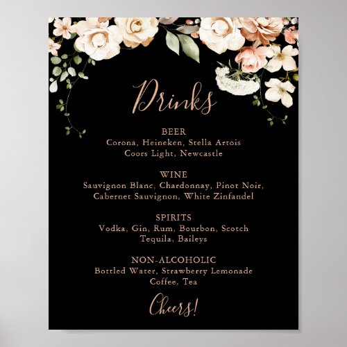 Black Formal Royal Floral Wedding Drinks Menu Sign