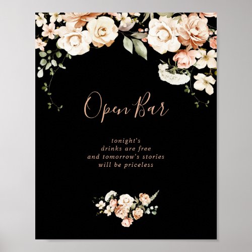 Black Formal Royal Floral Wedding Open Bar Sign