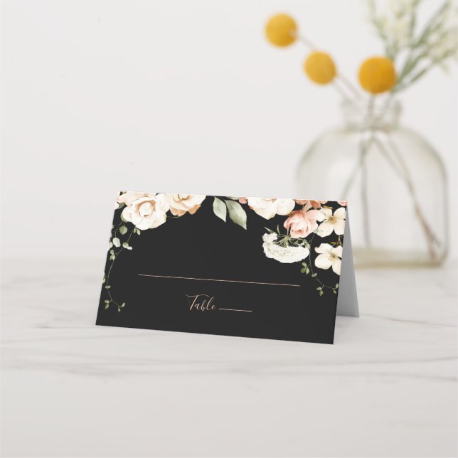 Black Formal Royal Floral Wedding Place Card (Front)