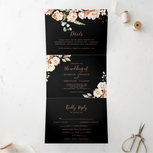 Black Formal Royal Floral Wedding Tri_Fold Invitation