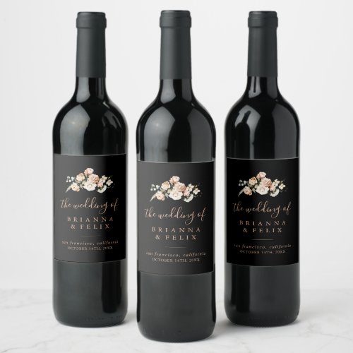 Black Formal Royal Floral Wedding Wine Labels