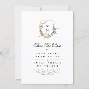 Black Formal White Monogram Gold Crest Photo Save The Date