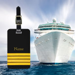 Black  four yellow captain nautical stripes luggage tag<br><div class="desc">Nautical and maritime style,  four yellow captain stripes on black.  Add your name on front,  name and contact information on back.  Yellow/Orange letters.</div>
