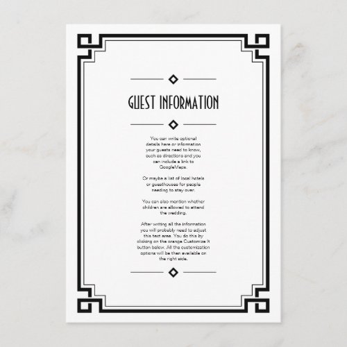 Black Frame Art Deco White Wedding Insert Card