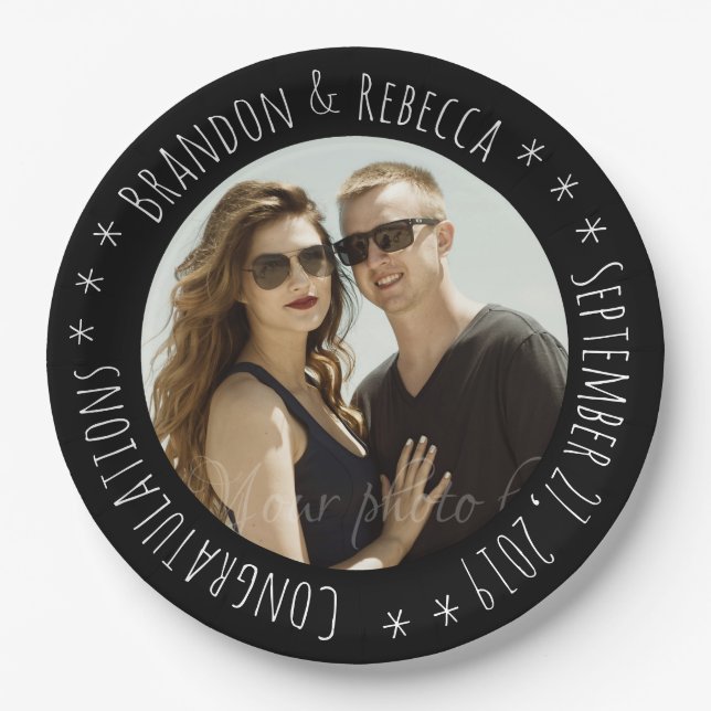 Black Frame Custom Circle Text Photo Wedding Paper Plates (Front)