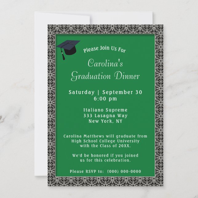 Black Frame Dinner Cap Green Graduation Invitation (Front)