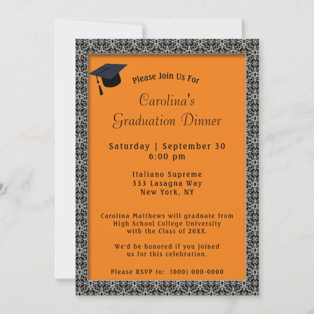 Black Frame Dinner Cap Orange Graduation Invitation (Front)